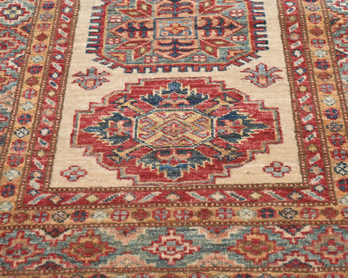 12 Feet Beige Kazak Afghan Hand Knotted Wool Runner Rug